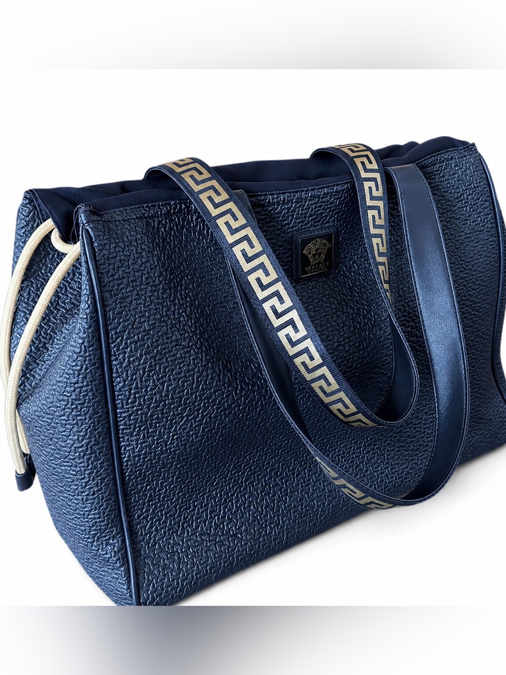 Versace Black and Gold Tote with Greek Key Strap